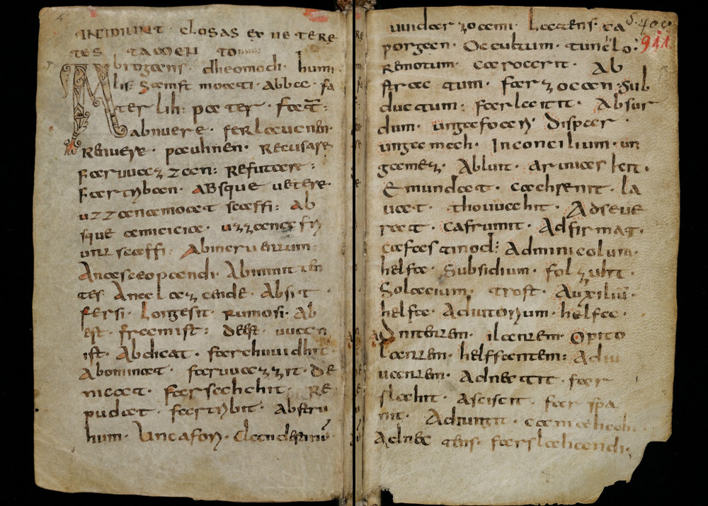 Die ersten beiden Seiten des Glossars. Die verfärbten Pergament-Seiten sind eng mit alemannischen Minuskeln beschrieben.